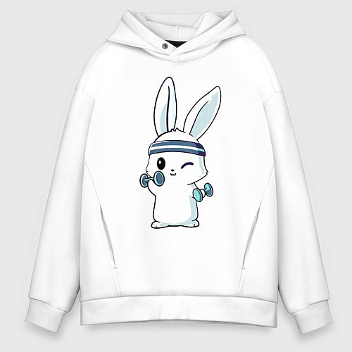 Мужское худи оверсайз Прикольный зайчишка пауэрлифтер / Белый – фото 1