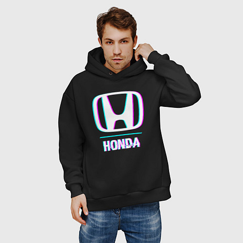 Мужское худи оверсайз Значок Honda в стиле glitch / Черный – фото 3