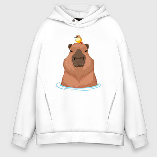 Мужское худи оверсайз Капибара и птичка / Белый – фото 1