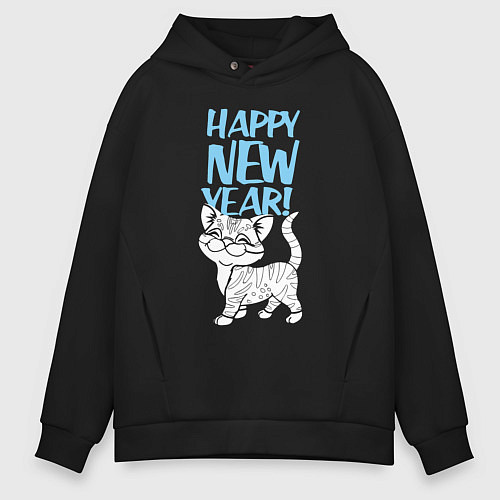 Мужское худи оверсайз Happy new year - kitten / Черный – фото 1