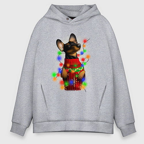 Мужское худи оверсайз Новогодняя такса / Меланж – фото 1