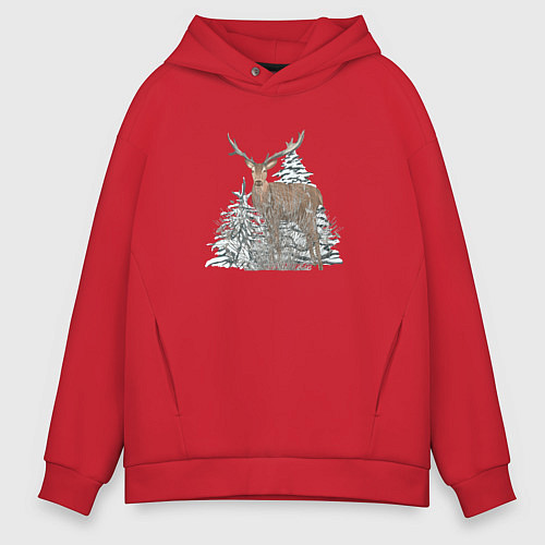 Мужское худи оверсайз Олень зимой в лесу / Красный – фото 1