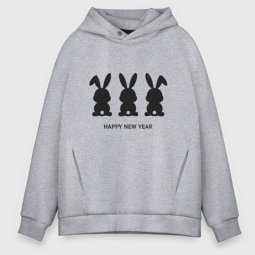 Мужское худи оверсайз Happy new year rabbits / Меланж – фото 1