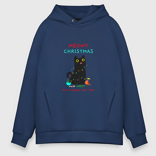 Мужское худи оверсайз Meowy christmas and a happy purr year holiday / Тёмно-синий – фото 1