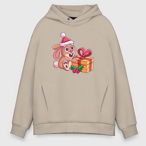 Мужское худи оверсайз Новогодний зайчик с подарком / Миндальный – фото 1