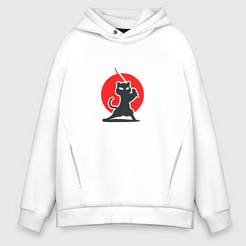 Мужское худи оверсайз Кот ниндзя из Японии / Белый – фото 1