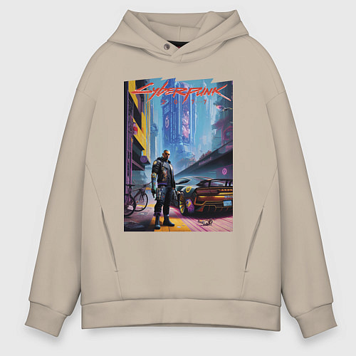 Мужское худи оверсайз Cyberpunk 2077 - neural network - character / Миндальный – фото 1