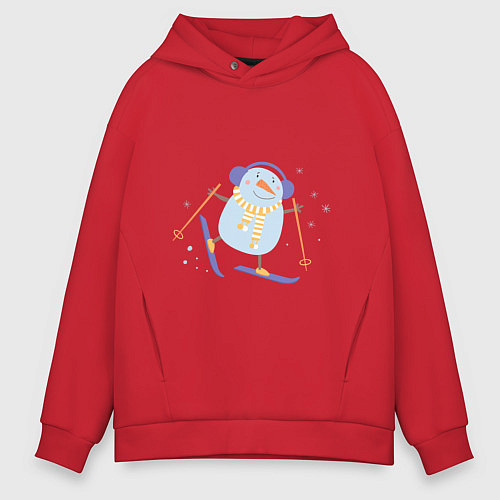 Мужское худи оверсайз Снеговик катается на лыжах / Красный – фото 1