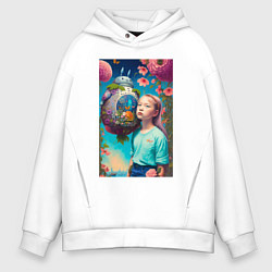 Толстовка оверсайз мужская Девочка и Тоторо - фантазия - нейросеть, цвет: белый