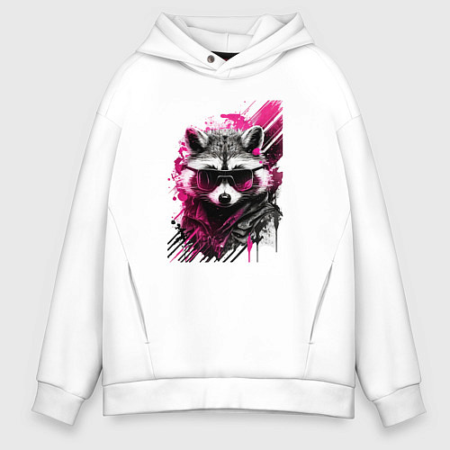 Мужское худи оверсайз Енот киберпанк / Белый – фото 1