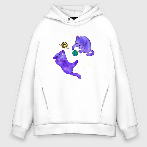 Мужское худи оверсайз Космические коты, играющие планетами / Белый – фото 1