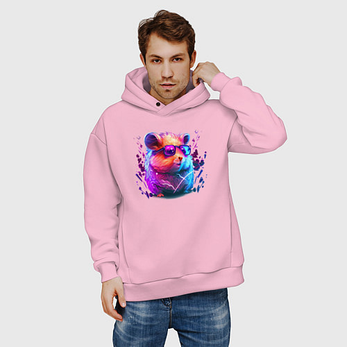 Мужское худи оверсайз Красочный хомяк в очках / Светло-розовый – фото 3