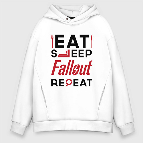 Мужское худи оверсайз Надпись: eat sleep Fallout repeat / Белый – фото 1