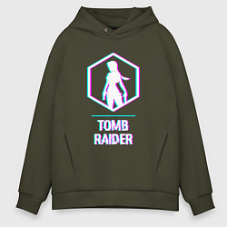 Толстовка оверсайз мужская Tomb Raider в стиле glitch и баги графики, цвет: хаки