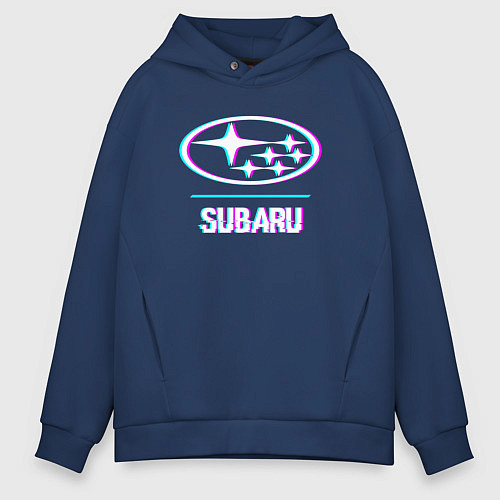 Мужское худи оверсайз Значок Subaru в стиле glitch / Тёмно-синий – фото 1