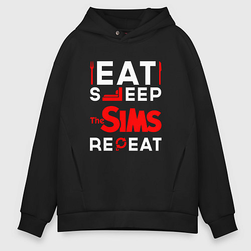Мужское худи оверсайз Надпись eat sleep The Sims repeat / Черный – фото 1
