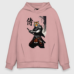 Толстовка оверсайз мужская Тигр самурай - иероглиф, цвет: пыльно-розовый