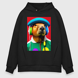 Толстовка оверсайз мужская Капибара в наушниках и шляпе - нейросеть, цвет: черный