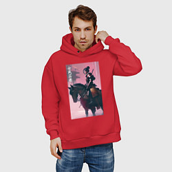 Толстовка оверсайз мужская Онна-бугэйся -конная девушка-самурай - нейросеть, цвет: красный — фото 2