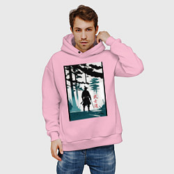 Толстовка оверсайз мужская Бусидо - кодекс самурая - иероглифы, цвет: светло-розовый — фото 2