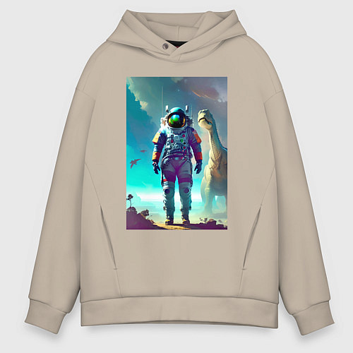 Мужское худи оверсайз Космонавт на планете динозавров - нейросеть / Миндальный – фото 1
