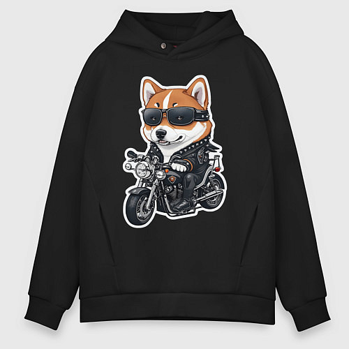 Мужское худи оверсайз Shiba Inu собака мотоциклист / Черный – фото 1