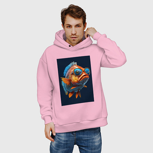 Мужское худи оверсайз Рыба карп в солнечных очках / Светло-розовый – фото 3