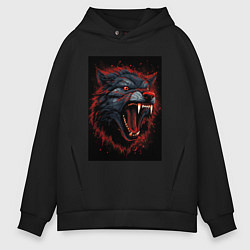 Толстовка оверсайз мужская Агрессивный красный волк, цвет: черный