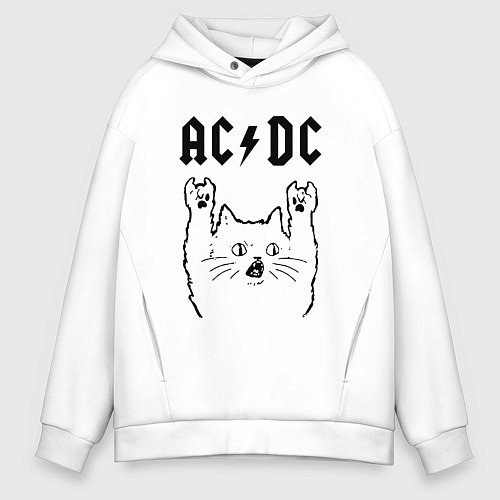 Мужское худи оверсайз AC DC - rock cat / Белый – фото 1