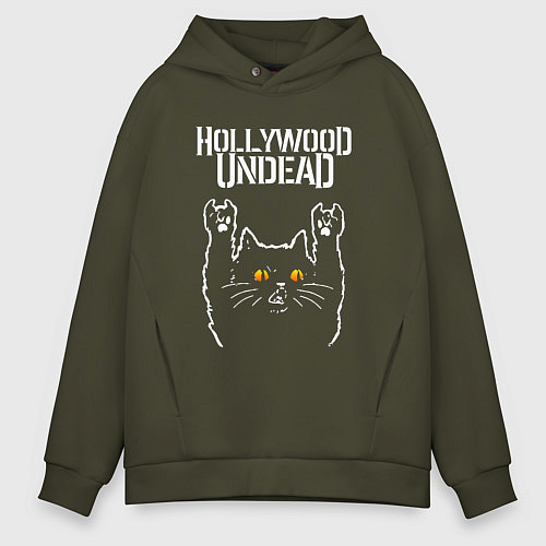 Мужское худи оверсайз Hollywood Undead rock cat / Хаки – фото 1