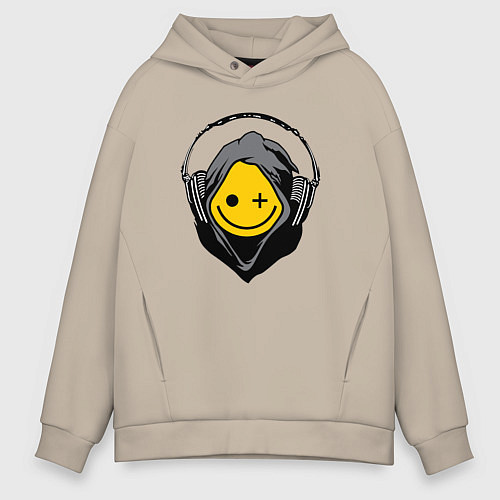 Мужское худи оверсайз Смайлик в наушниках smiley face in headphones / Миндальный – фото 1