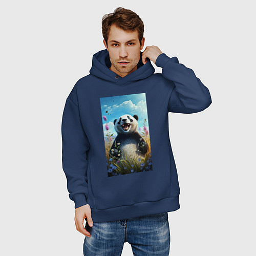 Мужское худи оверсайз Довольная панда на природе / Тёмно-синий – фото 3