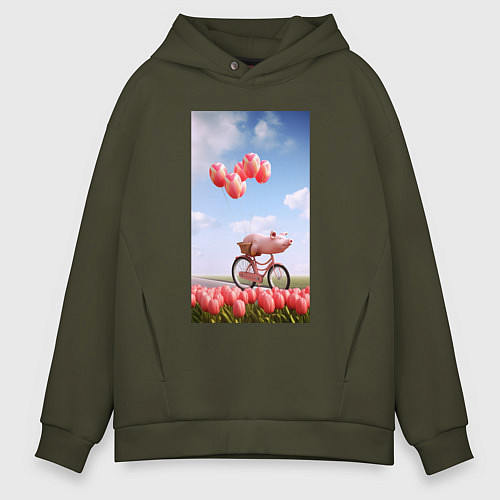 Мужское худи оверсайз Поросенок на велосипеде / Хаки – фото 1