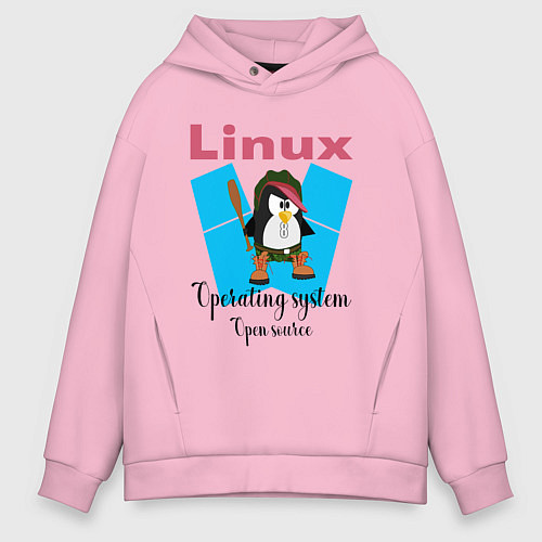 Мужское худи оверсайз Пингвин линукс в шляпе / Светло-розовый – фото 1