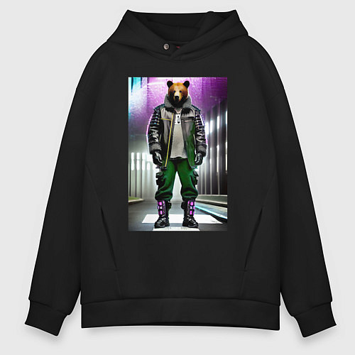 Мужское худи оверсайз Крутой медвежара - нейросеть / Черный – фото 1