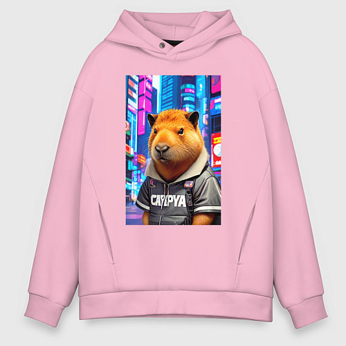 Мужское худи оверсайз Cool capybara - urban style - neural network / Светло-розовый – фото 1