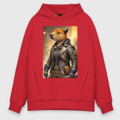 Мужское худи оверсайз Cool capybara - steampunk - neural network / Красный – фото 1