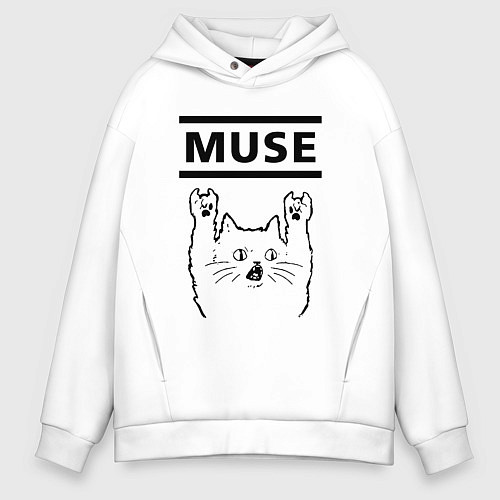 Мужское худи оверсайз Muse - rock cat / Белый – фото 1