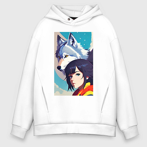 Мужское худи оверсайз Girl and wolf - anime - neural network -art / Белый – фото 1