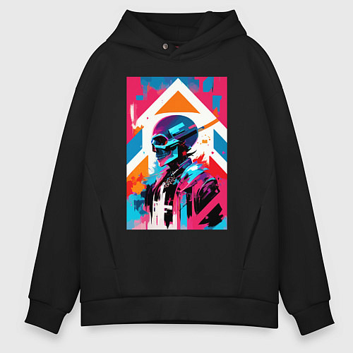 Мужское худи оверсайз Cyber skull - pop art / Черный – фото 1