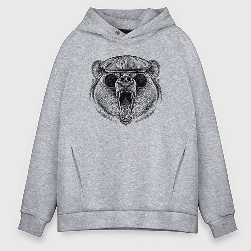 Мужское худи оверсайз Медведь в кепке и очках / Меланж – фото 1
