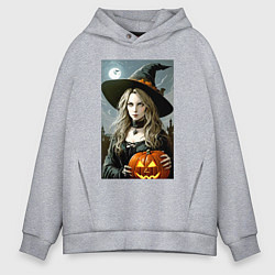 Толстовка оверсайз мужская Прекрасная ведьма с тыквой - хэллоуин, цвет: меланж