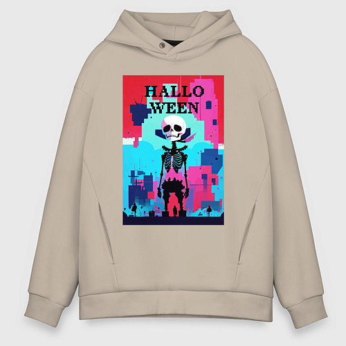 Мужское худи оверсайз Funny skeleton - pop art - pixels halloween / Миндальный – фото 1