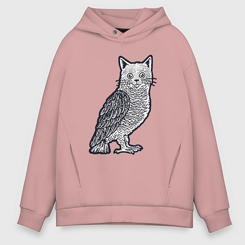 Мужское худи оверсайз Кошка сова / Пыльно-розовый – фото 1