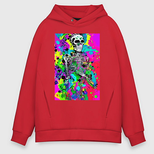 Мужское худи оверсайз Funny skeleton - pop art / Красный – фото 1