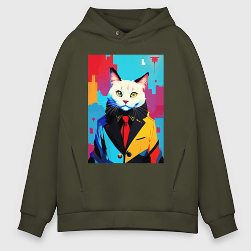 Мужское худи оверсайз Белый кот модник - поп-арт / Хаки – фото 1