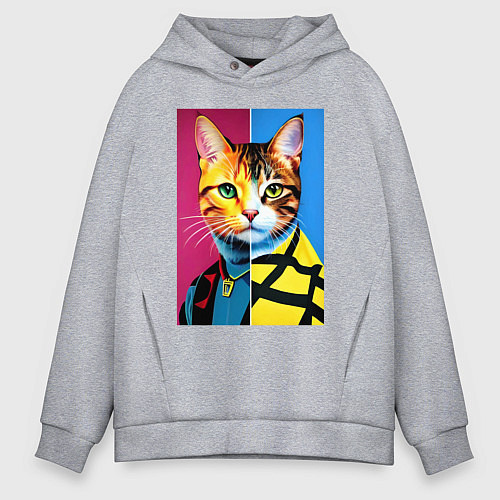Мужское худи оверсайз Портрет модного кота - поп-арт / Меланж – фото 1