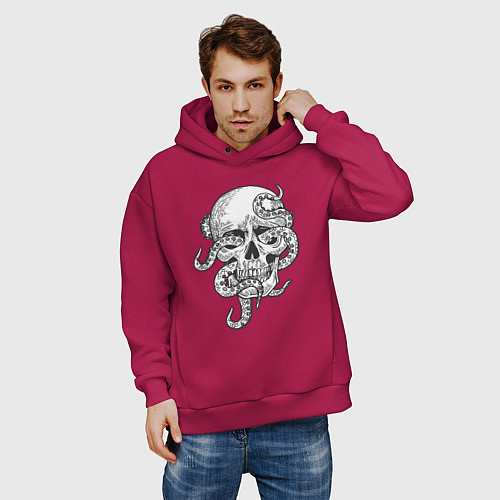 Мужское худи оверсайз Skull octopus / Маджента – фото 3