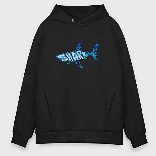 Мужское худи оверсайз Акула из мозаики цвета моря с надписью shark / Черный – фото 1