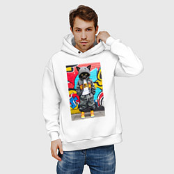 Толстовка оверсайз мужская Уличный котёнок хулиган на фоне граффити - нейросе, цвет: белый — фото 2